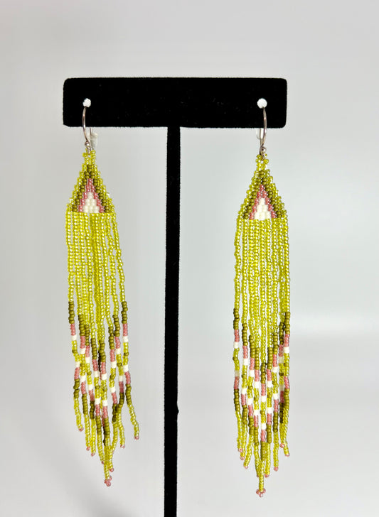 Green, Pink & White Beaded Triangle Dreamer Earring - Small