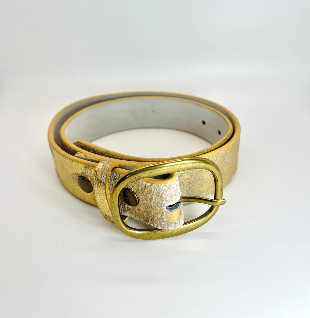 Gold Cow Hide Belt - Genuine Leather w/ Real Hair