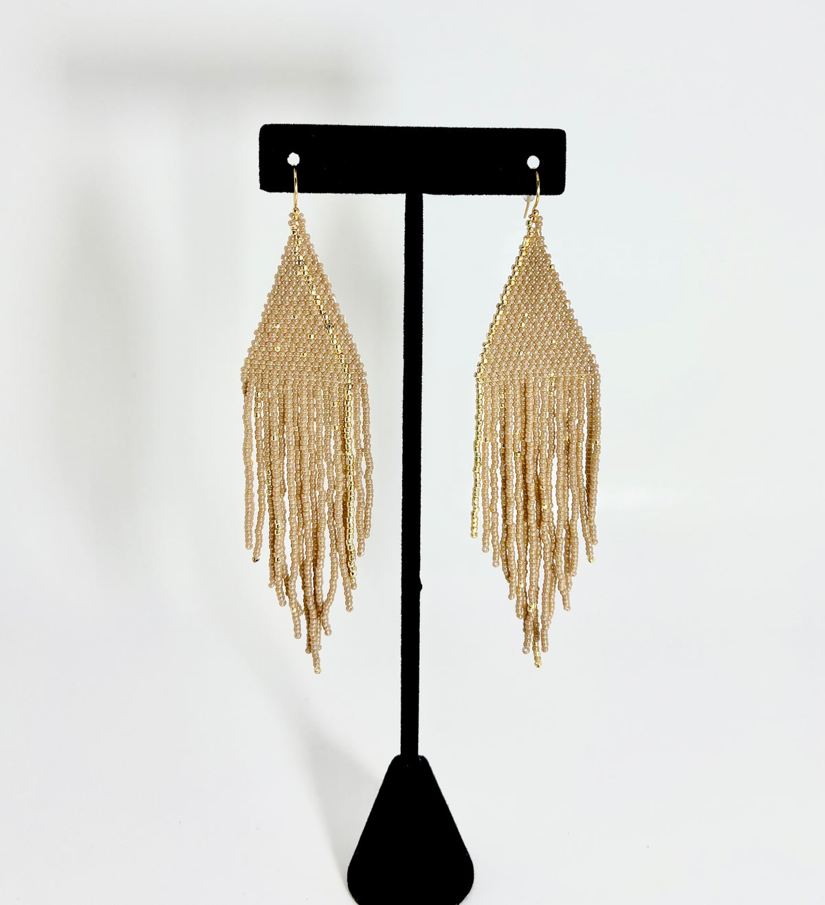 Gold & Beige Beaded Triangle Dreamer Earring - Large