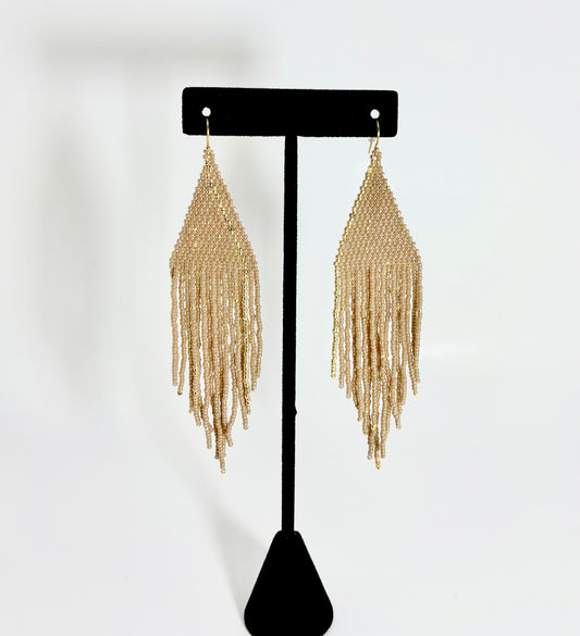 Gold & Beige Beaded Triangle Dreamer Earring - Large
