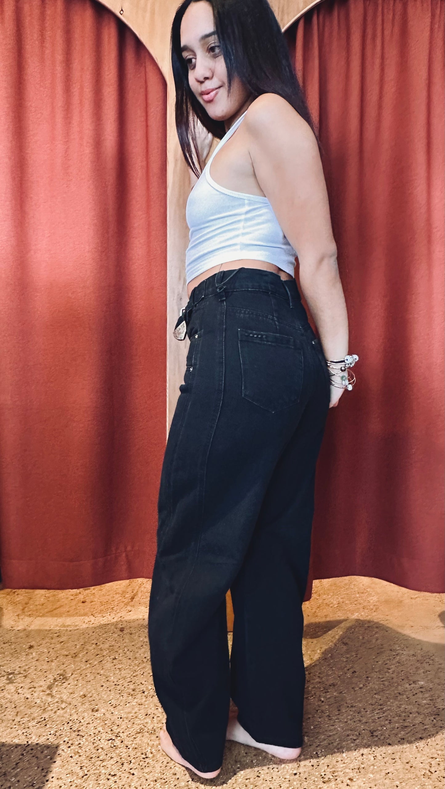 Western Buckle Black Denim Pants