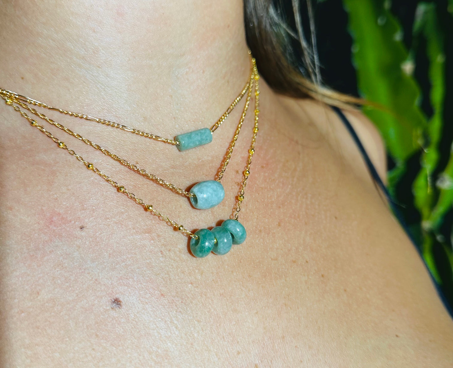 Triple Donut Jade Beam Necklace 18" - 14k Gold Filled - Jadeite Beads