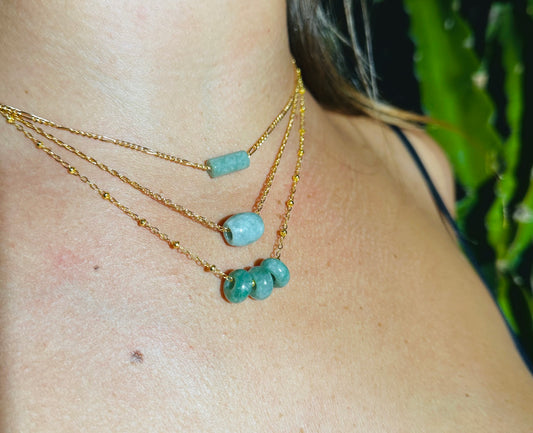 Triple Donut Jade Beam Necklace 18" - 14k Gold Filled - Jadeite Beads