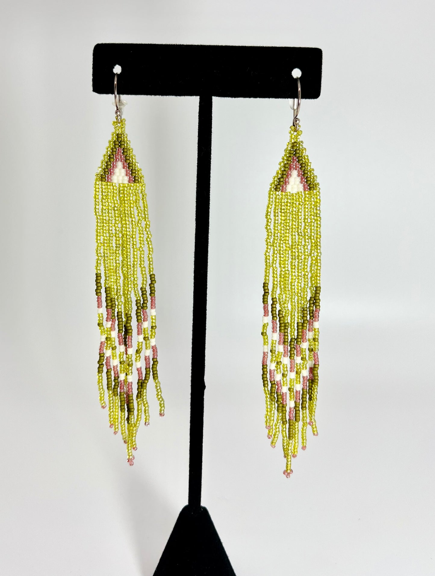 Green, Pink & White Beaded Triangle Dreamer Earring - Small