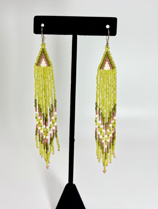 Green, Pink & White Beaded Triangle Dreamer Earring - Small