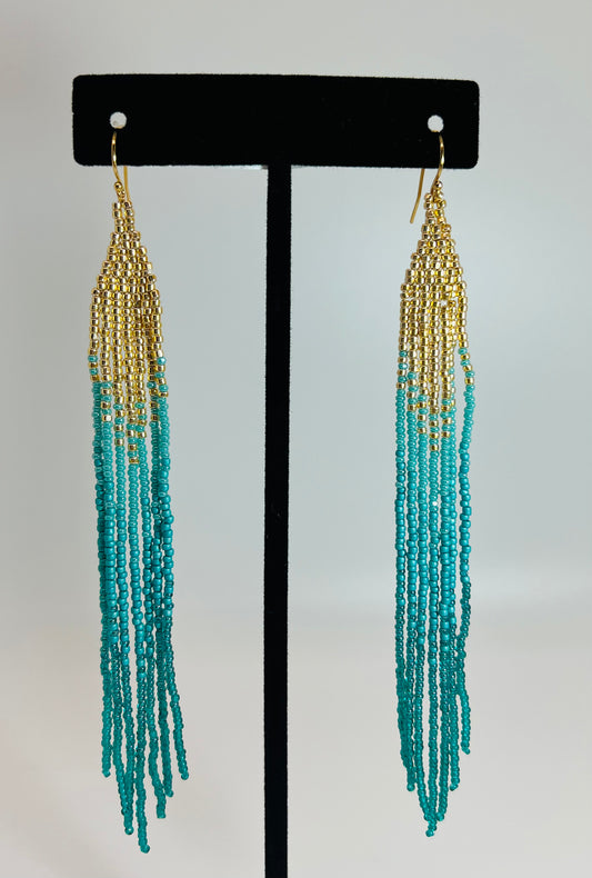 Blue & Gold Beaded Triangle Dreamer Earring - Small