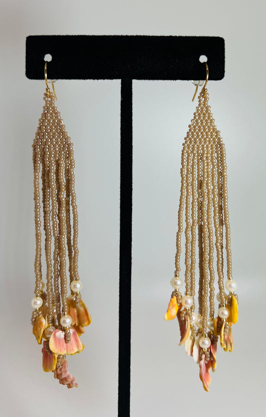 Beaded Beige Triangle & Sunrise Chip Earrings - Small