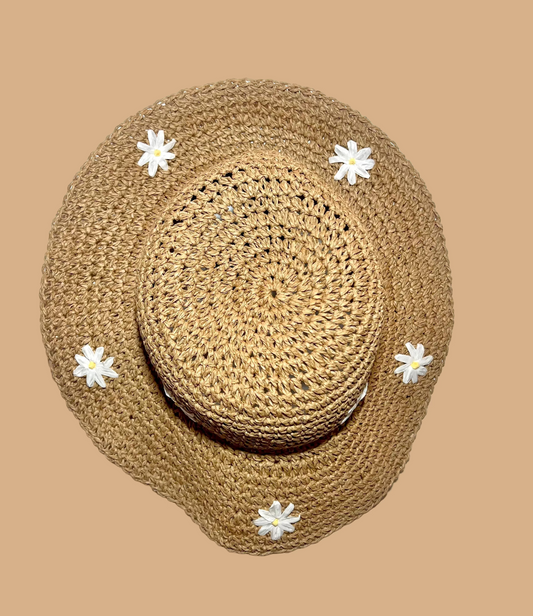 Kids Straw Sun Hat w/ Daisies