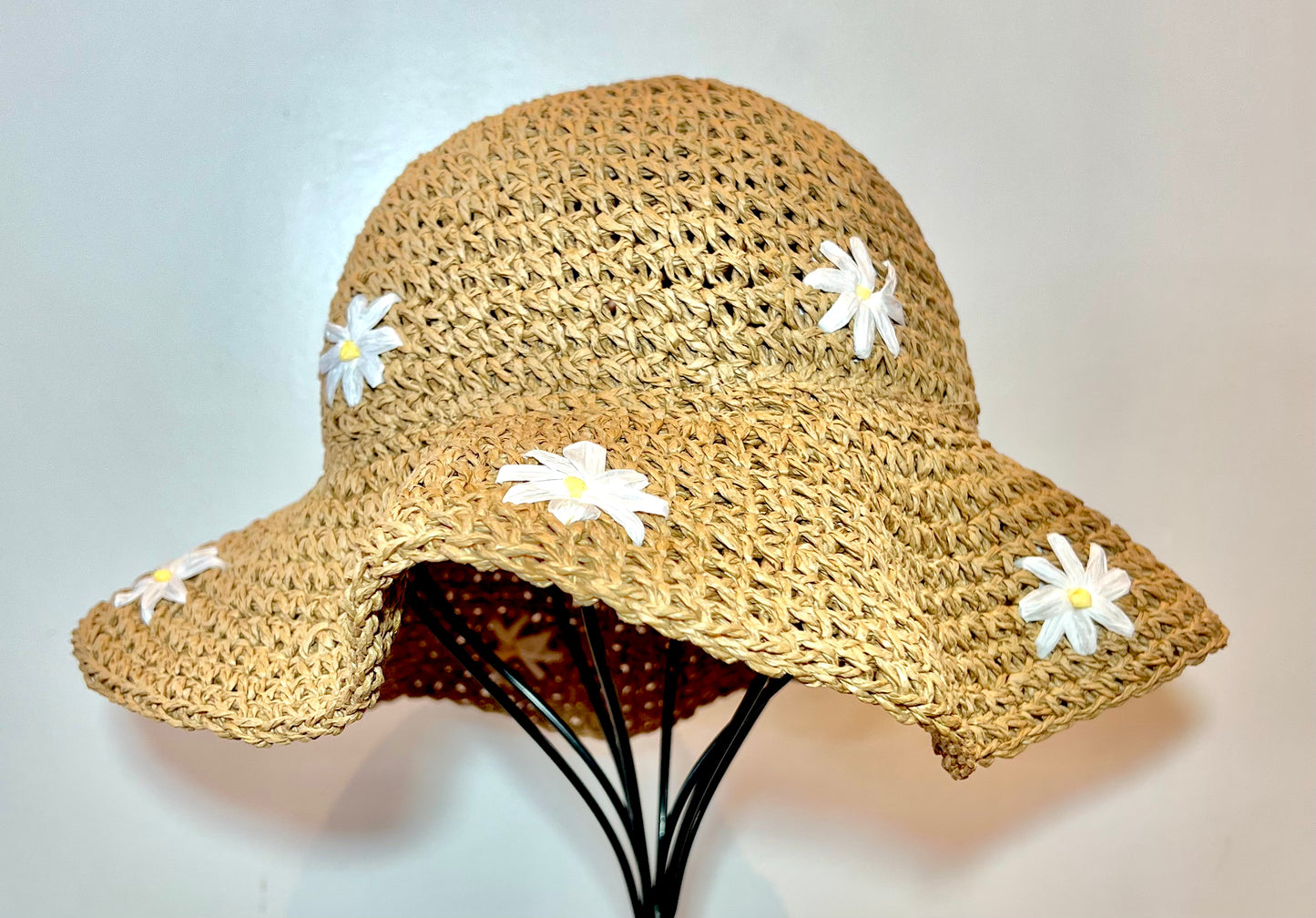Kids Straw Sun Hat w/ Daisies